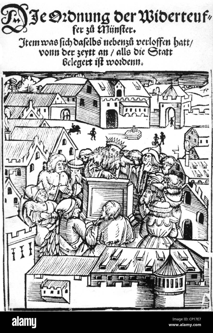 religion, sect, rechristen, script 'Die Ordnung der Wiedertäufer zu Münster' (The system of the rechristen of Muenster), title, woodcut, after 1535, Additional-Rights-Clearences-Not Available Stock Photo
