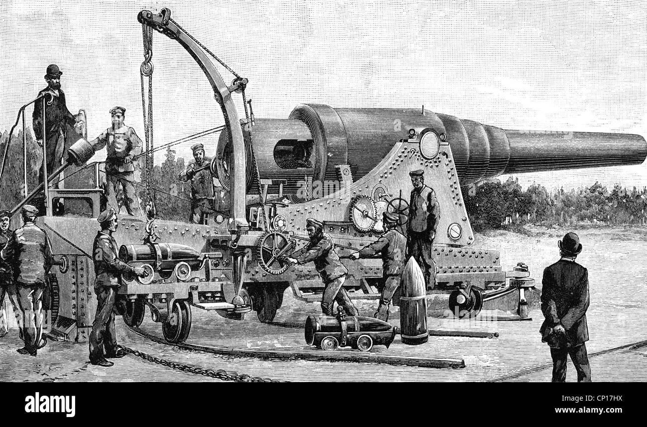military, artillery, cannon, 35 1/2 cm gun of Krupp AG on coastal mounting, testing at Meppen gun range, Germany, wood engraving, 1891, Additional-Rights-Clearences-Not Available Stock Photo