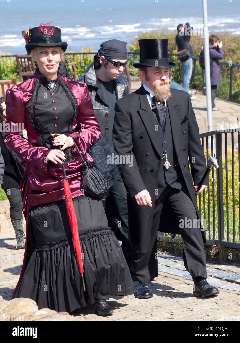 A man and his woman partner in Victorian Gothic dress at the Whitby Goth Week End spring 2012 Stock Photo