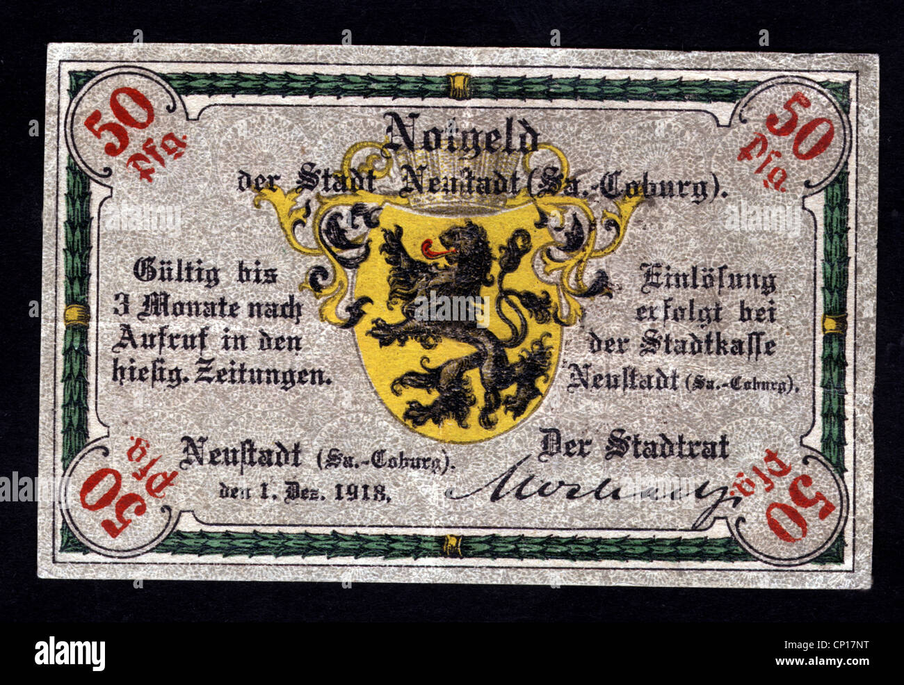 money / finance, bank notes, Germany, 50 Pfennig, emergency money of Neustadt (Saxony-Coburg), 1.12.1918, Additional-Rights-Clearences-Not Available Stock Photo
