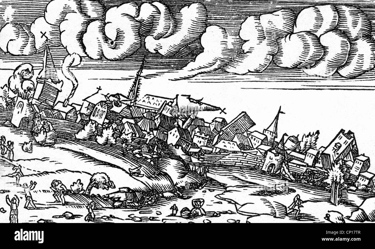 disasters, earthquakes, impact of earthquake, woodcut of "Cosmographia universalis" by Sebastian Muenster, 1554, Additional-Rights-Clearences-Not Available Stock Photo