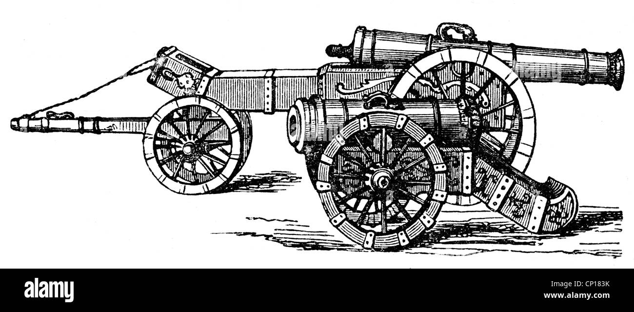 military, artillery, cannon, cannon and howitzer from the 17th century, wood engraving, 19th
