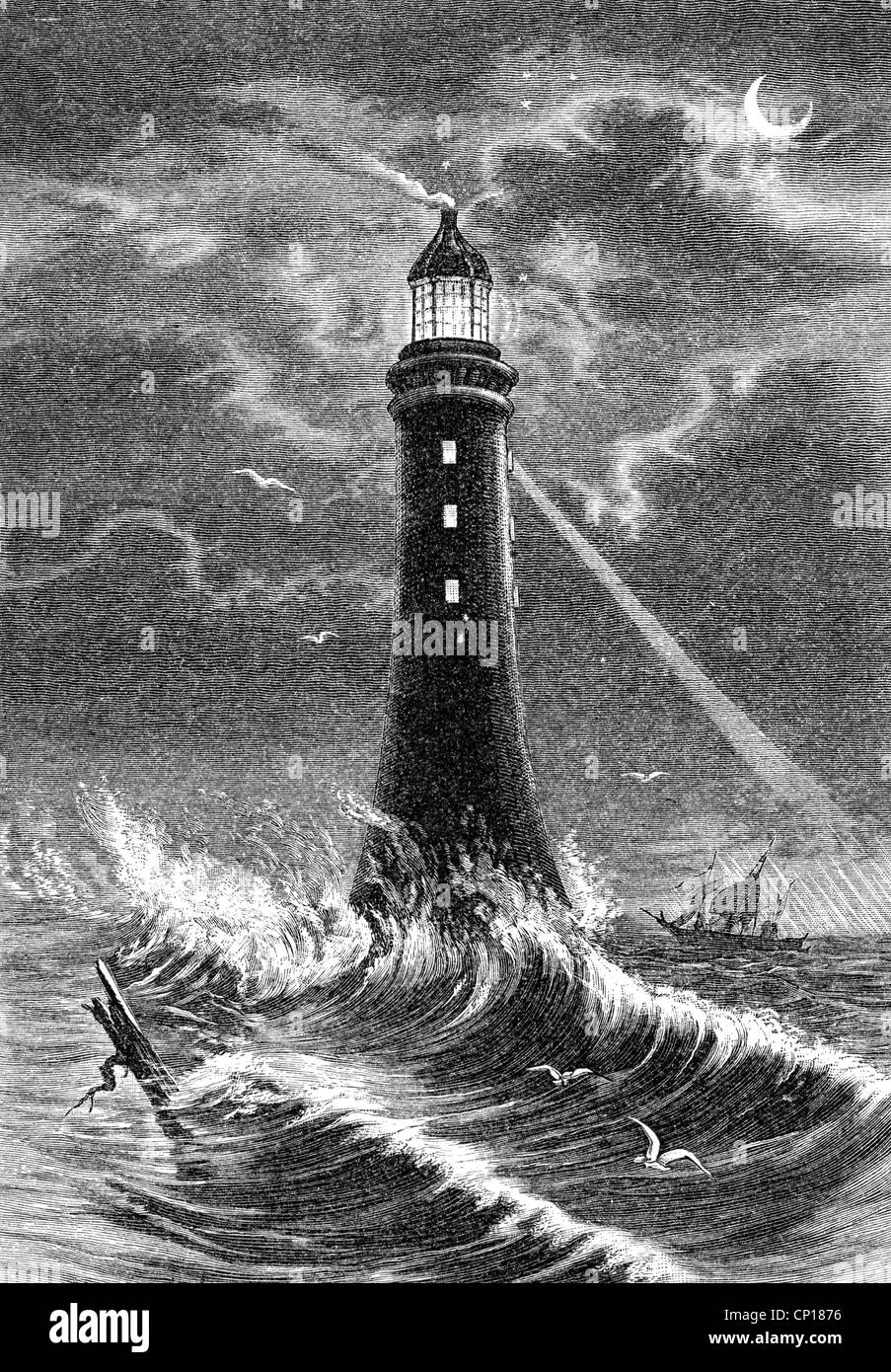 transport / transportation, navigation, Eddystone lighthouse, Devon, England, wood engraving, 19th century, storm, weather, ship, wind, Eddystone Rocks, Devon, England,English Channel, sea, bonfire, light, lights, technics, georgraphy, Western Europe, Great Britian, historic, historical, Additional-Rights-Clearences-Not Available Stock Photo