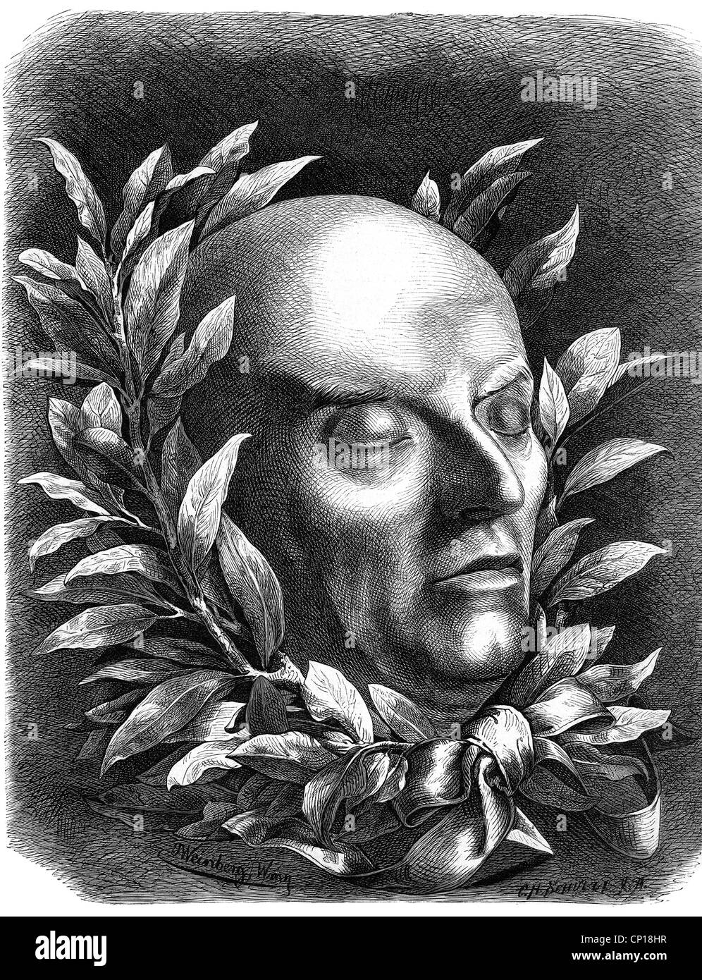 Schiller, Friedrich, 10.11.1759 - 9.5.1805, German author / writer, poet, his death mask, wood engraving, 19th century, by C. H. Schulze, after drawing by O. Weinberg, Weimar, 1805, Stock Photo