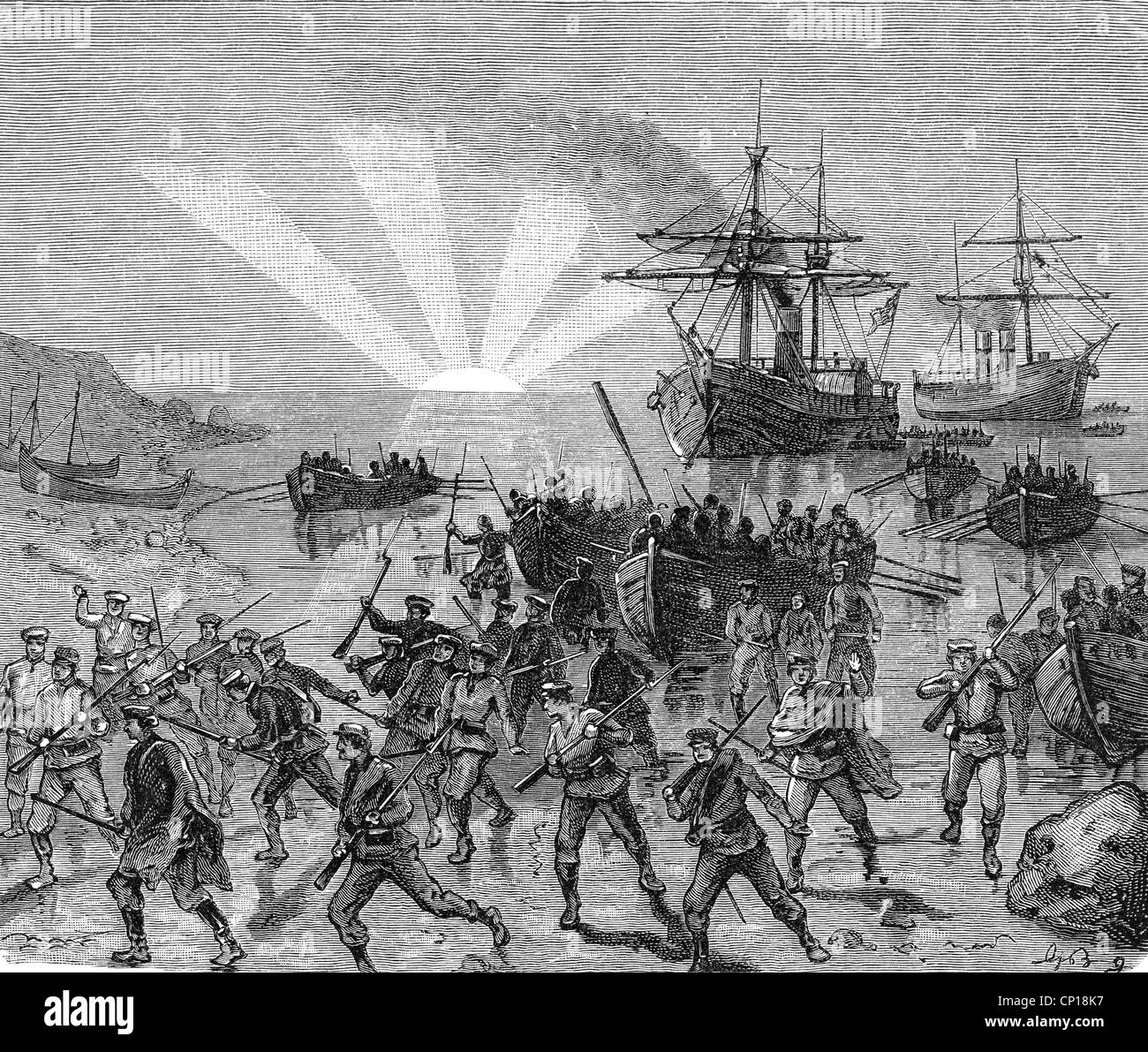events, 'Expedition of the Thousand', 1860, landing of Giuseppe Garibaldi and his troops at Marsala, Sicily, 11.5.1860, wood engraving after drawing by Bropling, 19th century, , Additional-Rights-Clearences-Not Available Stock Photo