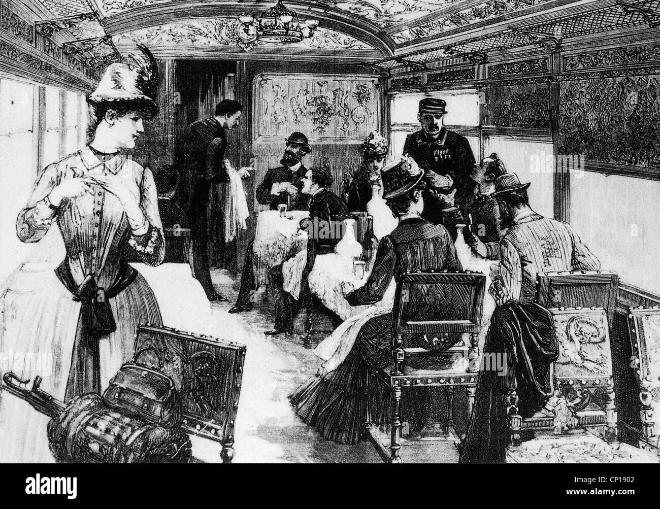 transport / transportation, railway, Orient Express, dining car, wood engraving, circa 1885, Additional-Rights-Clearences-Not Available Stock Photo