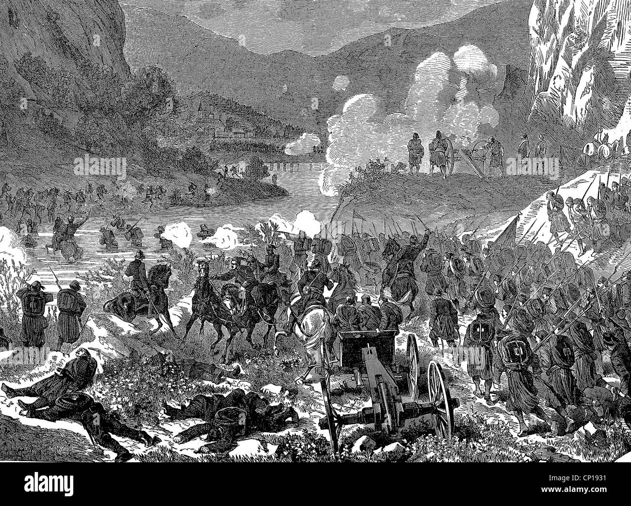 events, War on the Balkans 1876 - 1878, Battle of Zajecar, 7.8.1876, Osman Nuri Pasha defeating the Serbs, contemporary wood engraving, Balkan Crisis, Ottoman Empire, Turks, army, troops, Serbia, soldiers, attack, fight, fighting, infantry, artillery, river, historic, historical, 19th century, people, Additional-Rights-Clearences-Not Available Stock Photo