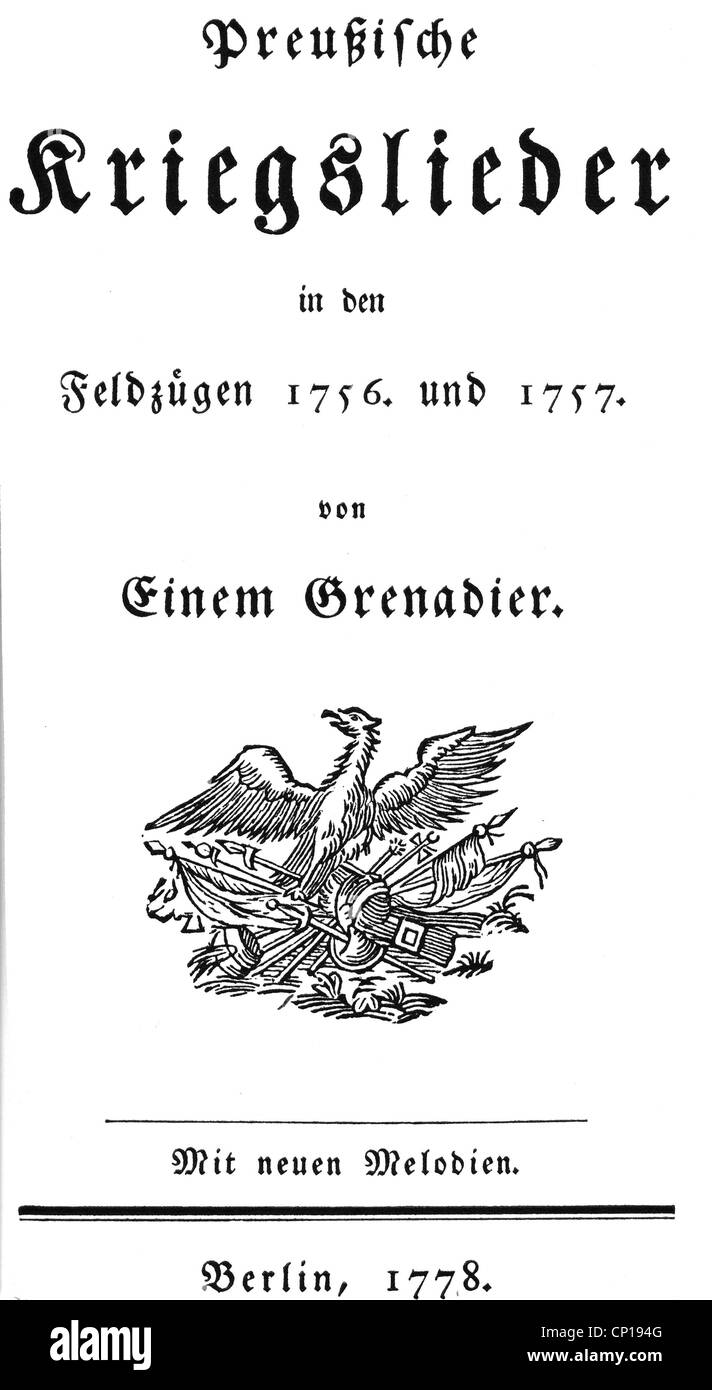 Seven Years War, 'Preussische Kriegslieder in den Feldzuegen von 1756 und 1757' (Prussian war songs from the campaigns of 1756 and 1757', by Ludwig Gleim (1719 - 1803), Berlin 1778, Additional-Rights-Clearences-Not Available Stock Photo