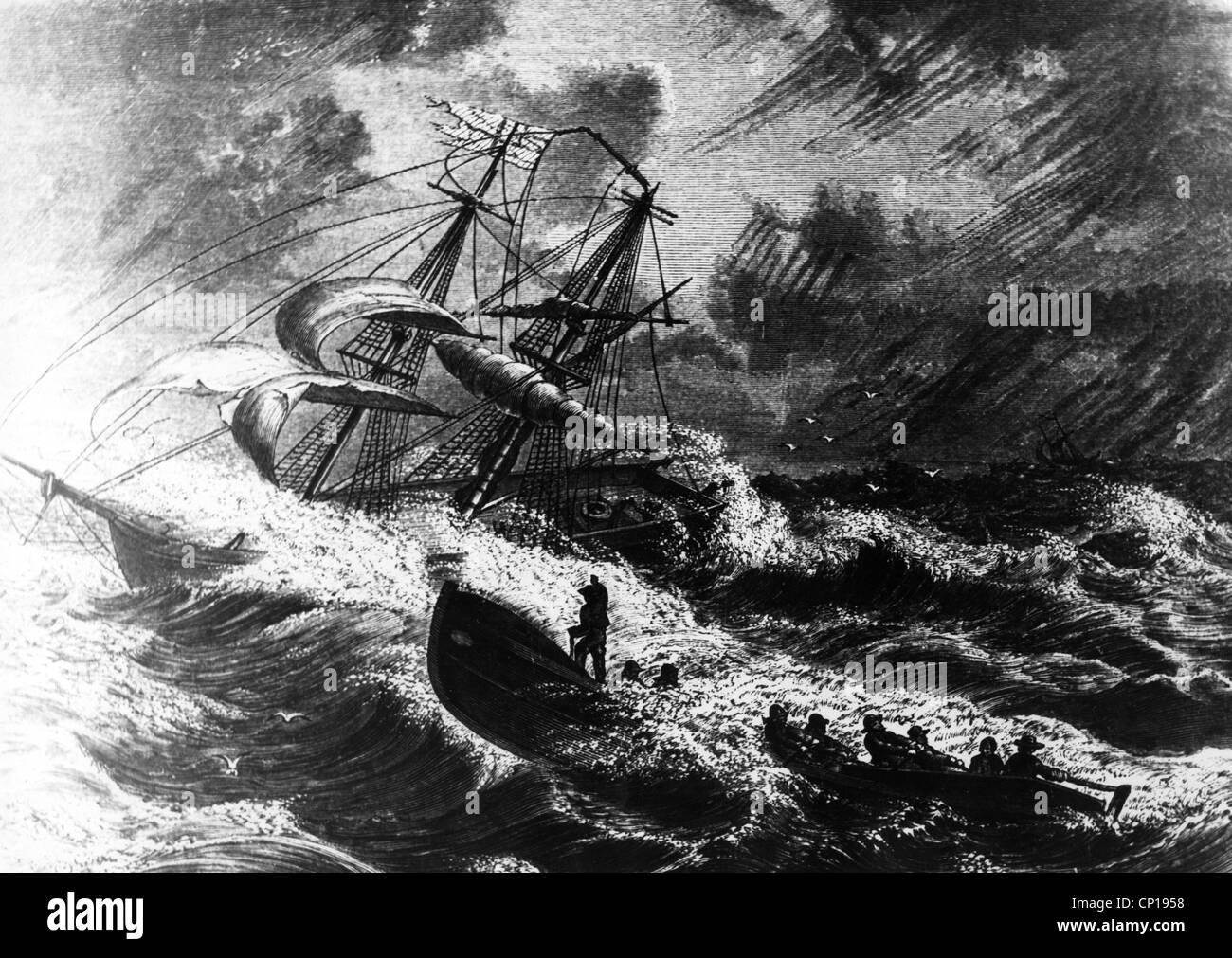 transport / transportation, navigation, distress at sea, lifeboat on the way to the stranded British brigg 'Penscher' near Langeroog, 7.11.1864, contemporary wood engraving, circa 1865, Additional-Rights-Clearences-Not Available Stock Photo