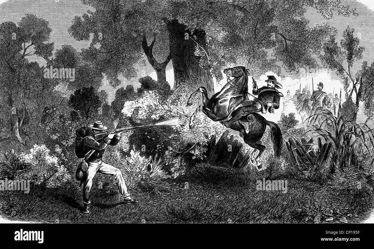 geography / travel, USA, American Civil War 1861 - 1865, 1st Battle of Bull Run (Manassas Junction), Virginia, 21.7.1861, German riflemen of Blenker's Brigade covering the retreat of the Union forces, wood engraving, 1861, cavalry, infantry, rifles, shooting, German Americans, 5th Division, US Army of Northeast Virginia, CS Army of the Potomac, Confederate, Union, Federal, soldiers, 19th century, historic, historical, Blenker, people, Additional-Rights-Clearences-Not Available Stock Photo