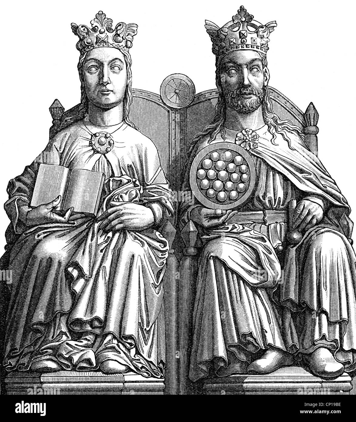 Otto I 'the Great',  23.11.912 - 7.5.973, Holy Roman Emperor 2.2.962 - 7.5.973, with first wife Edith, sculpture, Magdeburg Cathedral, circa 1250, wood engraving, 19th century, , Stock Photo