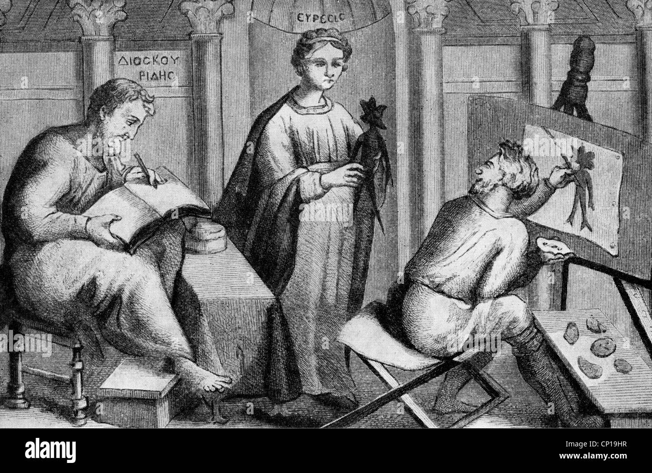 Pedanius Dioscorides, circa 1th century, Greek physician, pharmacologist from Anazarbus, half length, with students drawing Mandrake plant, wood engraving 19th century, Stock Photo