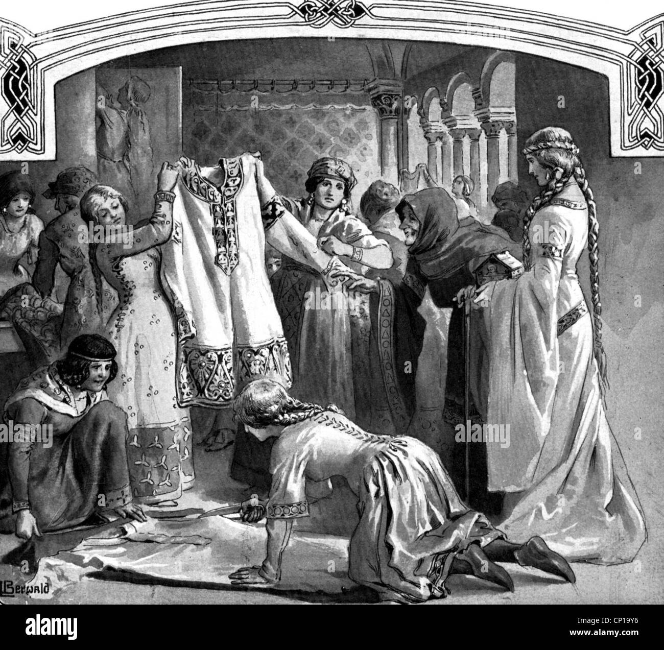 literature, The Nibelungen, Kriemhilde surrounded by her maids, print