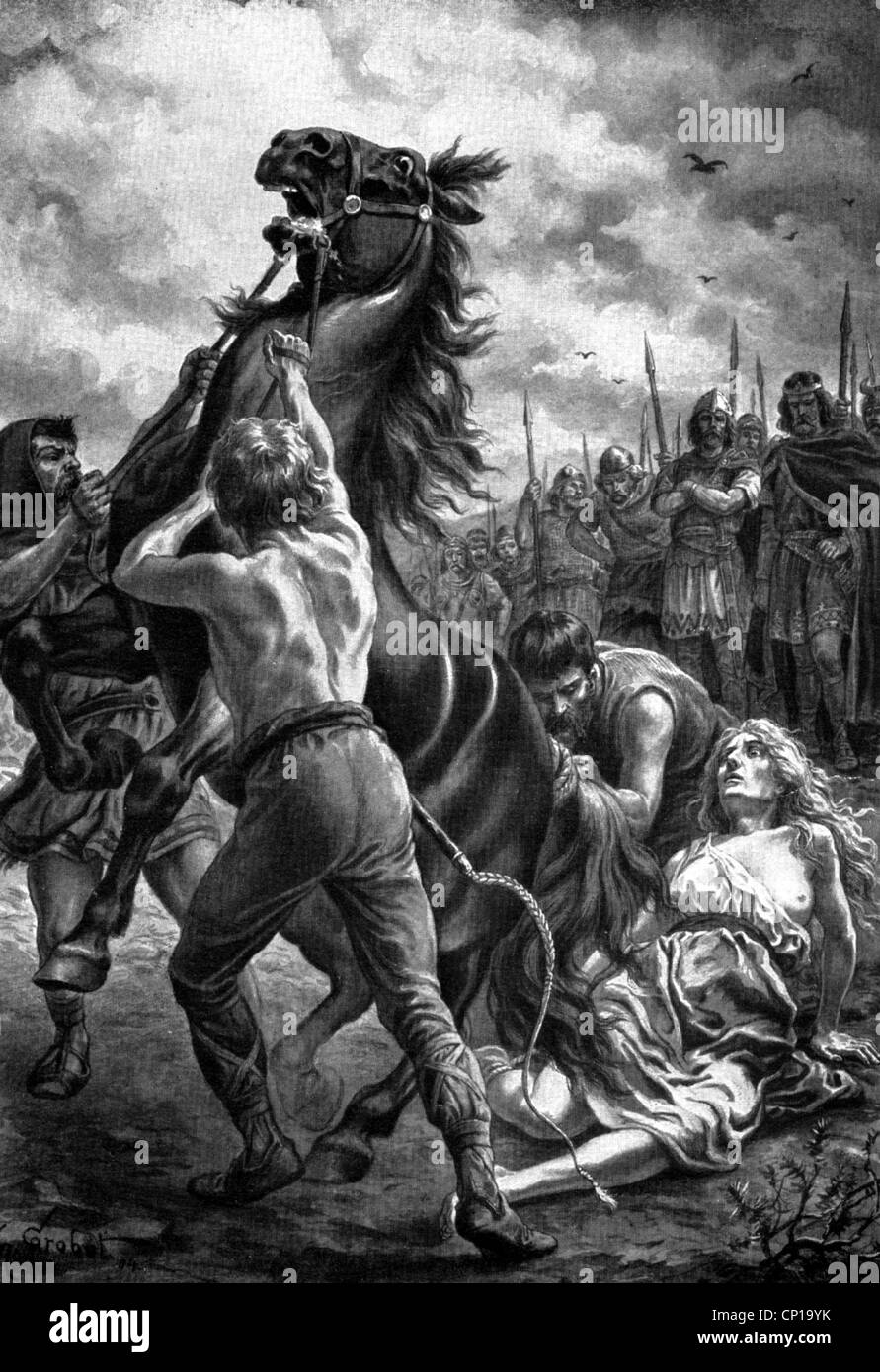 literature, The Nibelungen, Brunhilde's death, illustration, 19th century, historic, historical, Brunhilde, Brunhild, dying, Germanic hero legend, saga, myth, mythology, Germanic, Teuton, the Germanic people, Teutons, horse, falling, Nibelungs, Nibelung, Additional-Rights-Clearences-Not Available Stock Photo