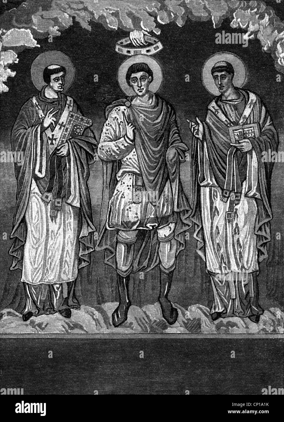 Middle Ages,Frankish Empire,Frankish count,standing between two bishops,after a miniature from the 9th century,wood engraving,treasure of the church of Metz,Paris national library,Canon of the Mass,hand of god,power of god,corona,coronas,king,kings,book,books,hold,holding,tunicle,chasuble,religion,religions,count,earl,counts,earls,miniature,miniatures,Frankish Empire,potentate,monarch,monarchs,ruler,rulers,sovereign,sovereigns,regent,regents,lord,historic,historical,book-painting,book painting,illuminated manuscript,,Additional-Rights-Clearences-Not Available Stock Photo