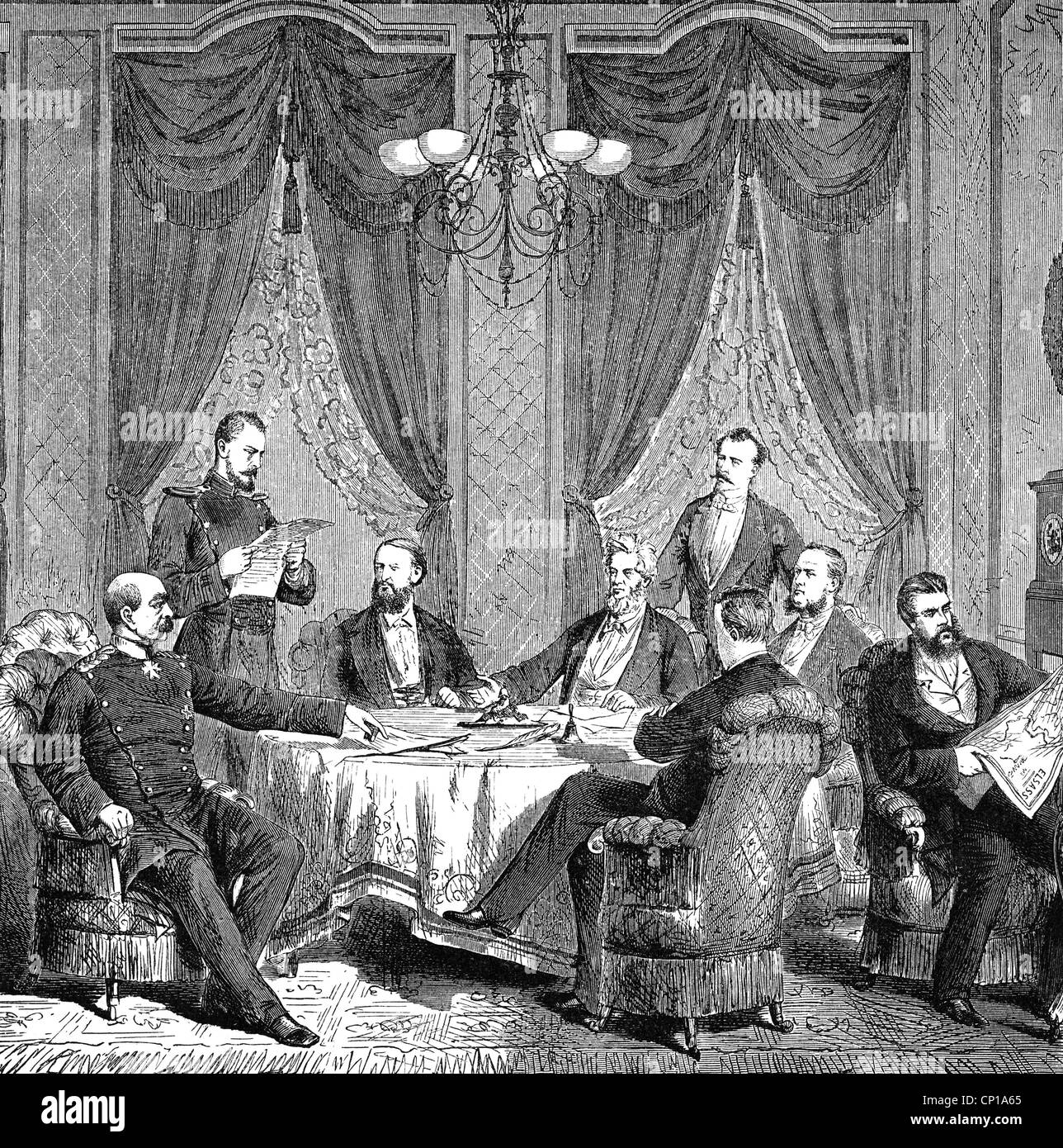 events, Franco-Prussian War 1870 - 1871, politics, Treaty of Frankfurt, 10.5.1871, conference in the Hotel 'Zum Schwan', contemporary wood engraving, Additional-Rights-Clearences-Not Available Stock Photo