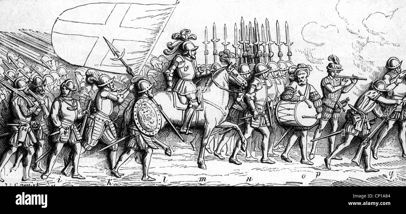 military, France, infantry on the march, drawing after relief on the tomb King Francis I (died 1547), i: musketeer, k: officer cadet with flag, l: captain, m: colonel, n: halberdman (?), o & p: drummer & piper, q: arquebusier (loading), soldiers, mercenaries, musicians, officers, Renaissance, Italian Wars, War, Italy, flag, historic, historical, 16th century, people, Additional-Rights-Clearences-Not Available Stock Photo