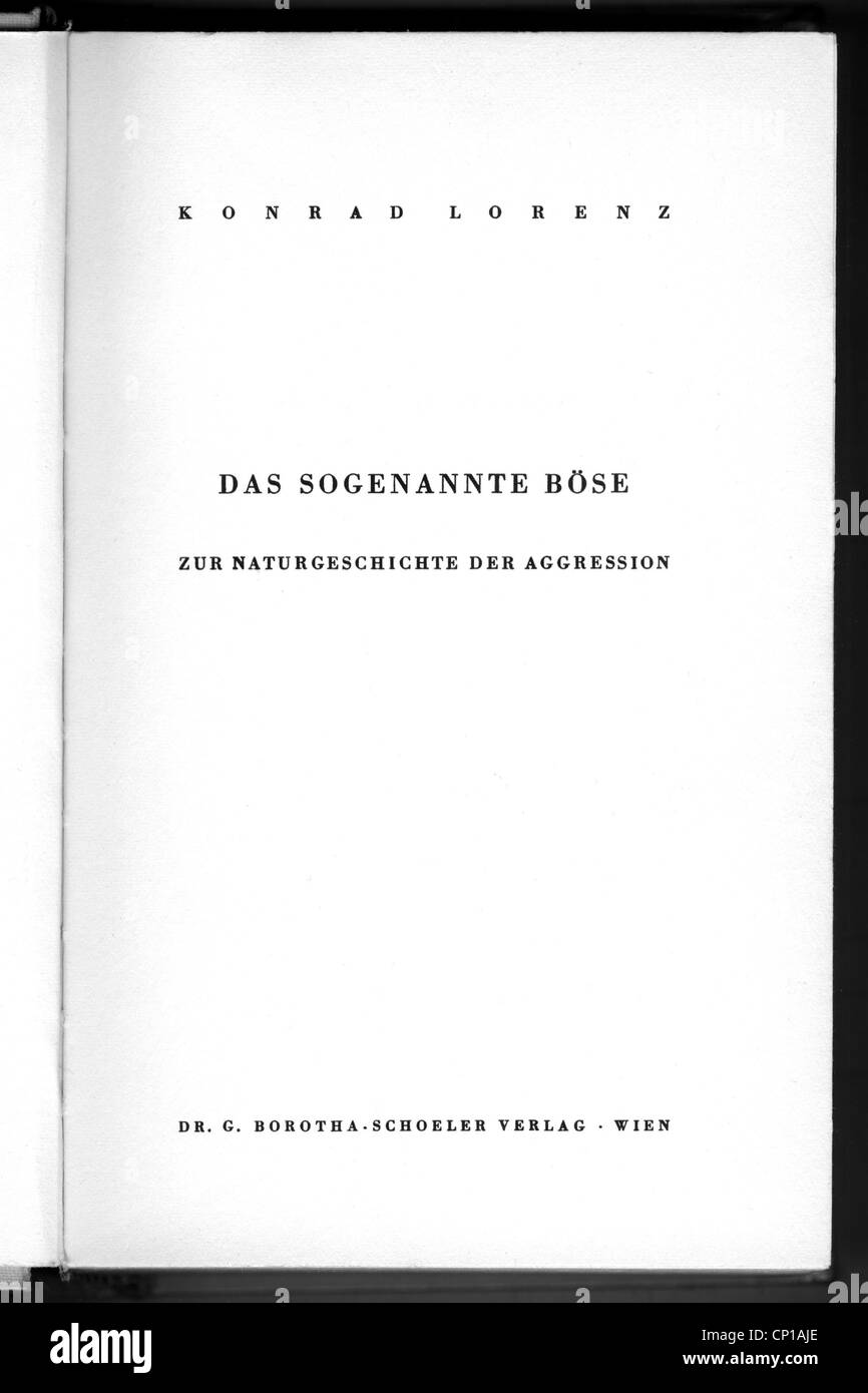 books, Konrad Lorenz: 'On Aggression' (Das sogenannte Boese), Borotha-Schoeler publishing, Vienna 1963, 7th edition, 1965, title page, Additional-Rights-Clearences-Not Available Stock Photo