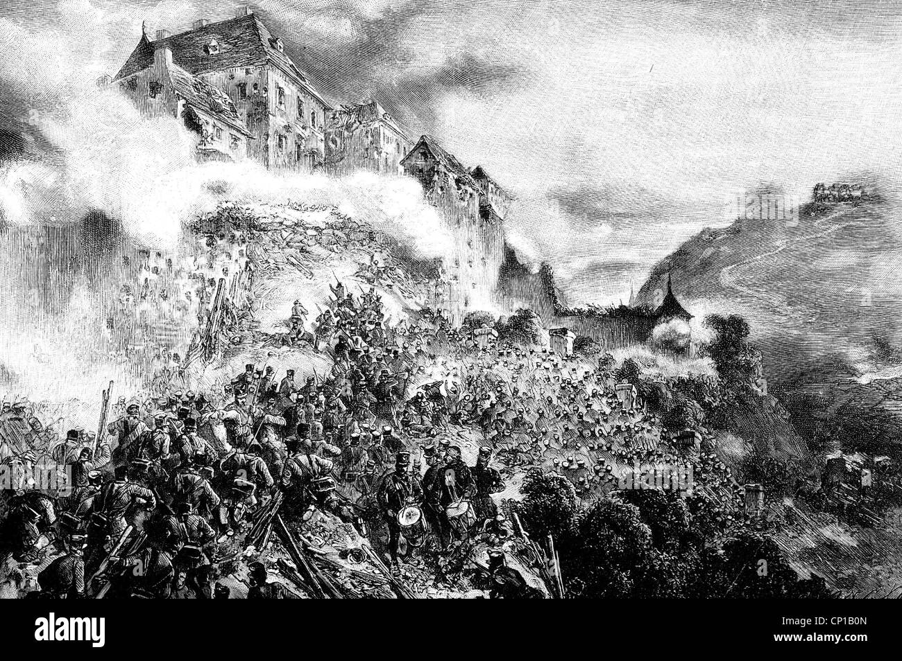 events, revolutions 1848 - 1849, uprising in Hungary 1849, assault on the fortress of Ofen which is being defended by the Austrians, 21.5.1849, after lithograph by August von Pettenkofer, 19th century, historic, historical, attack, Austrian troops under General Hentzy, insurgents, Honved, fight, battle, people, Additional-Rights-Clearences-Not Available Stock Photo