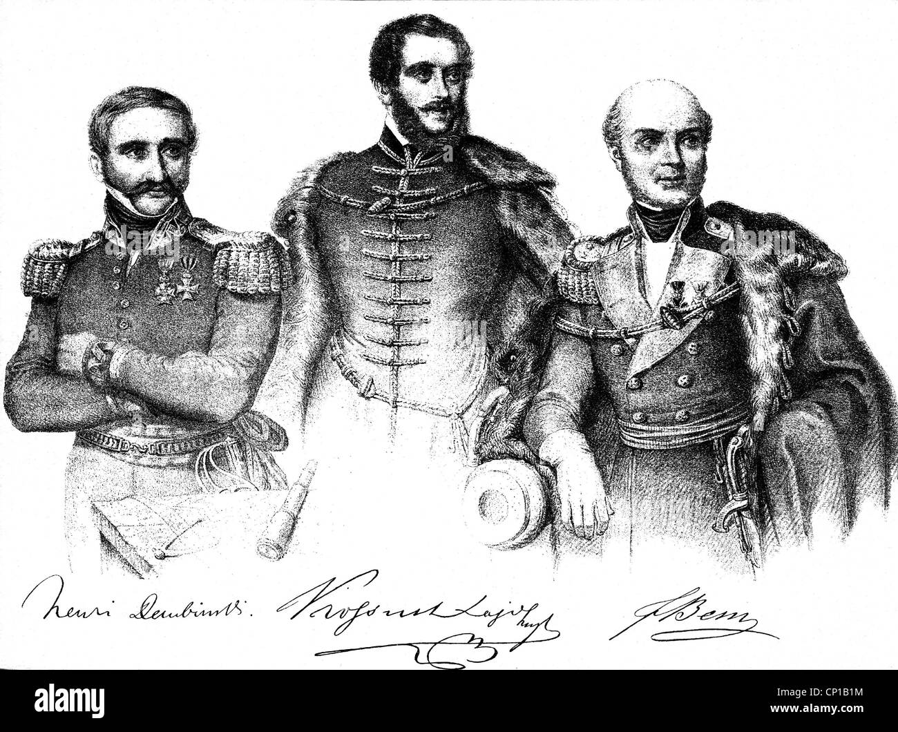 events, revolutions 1848 - 1849, uprising in Hungary 1849, leaders, from left to right: Henryk Dembinski, Lajos Kossuth, Jozef Bem, lithograph by L. Werch after drawing by Kurowski, 1849, military, general, politician, politicians, signature, leader, uniform, half length, revolution, 19th century, historic, historical, people, Additional-Rights-Clearences-Not Available Stock Photo