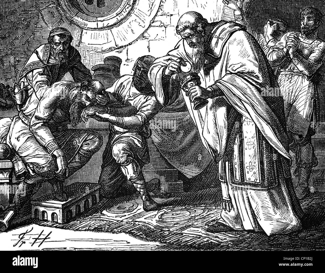 Otto I 'the Great', 23.11.912 - 7.5.973, Holy Roman Emperor 2.2.962 - 7.5.973, death at Memsleben, Thuringia, after Friedrich Hottenroth (1840 - 1917), wood engraving, 19th century, , Stock Photo