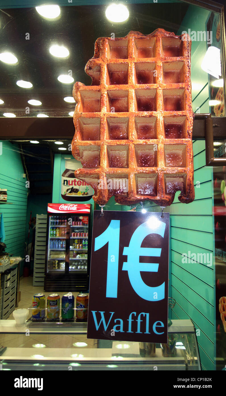 Belgian waffle in a shop with 1 euro sign Stock Photo