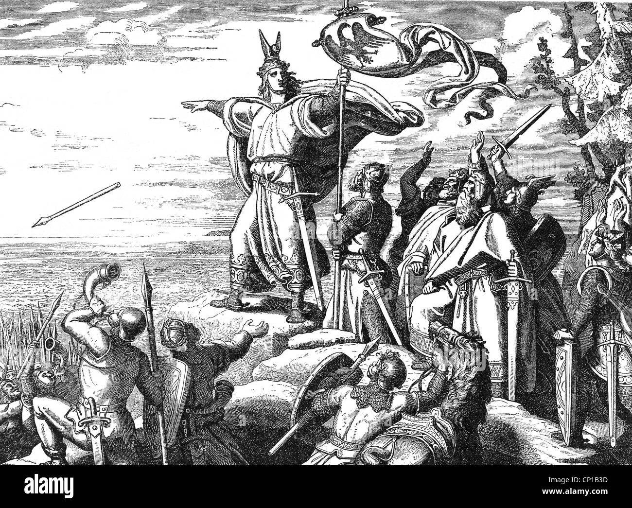 Otto I 'the Great', 23.11.912 - 7.5.973, Holy Roman Emperor 2.2.962 - 7.5.973, at the Otte Sound, 947, wood engraving after drawing by Anton Dietrich, 19th century, , Stock Photo
