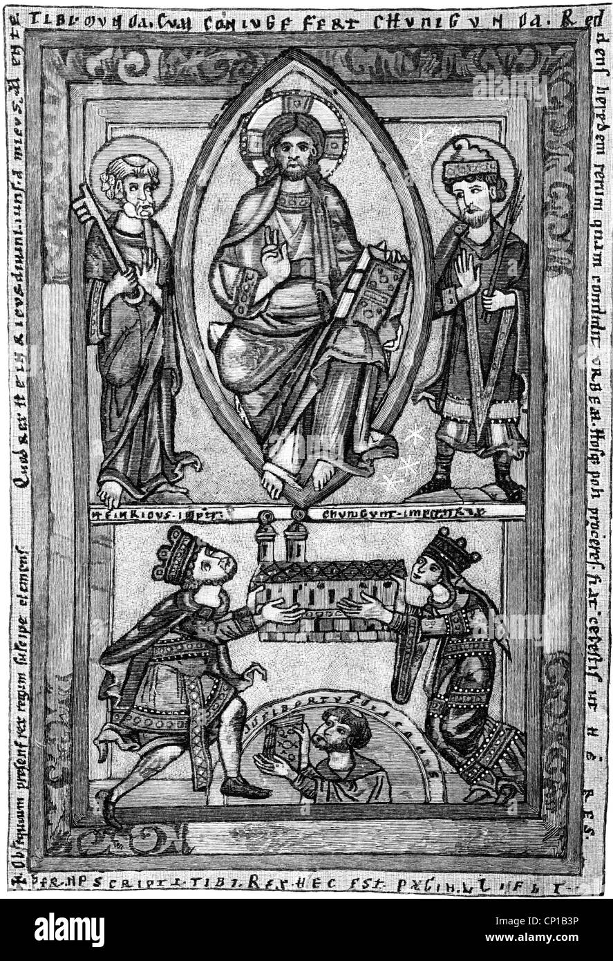 Henry II 'the Saint', 6.5.973 - 13.7.1024, Holy Roman Emperor 14.2.1014 - 13.7.1024, with wife Cunigunde before Jesus Christ, miniature, circa 1150, Bamberg City Library, wood engraving, 19th century, , Stock Photo
