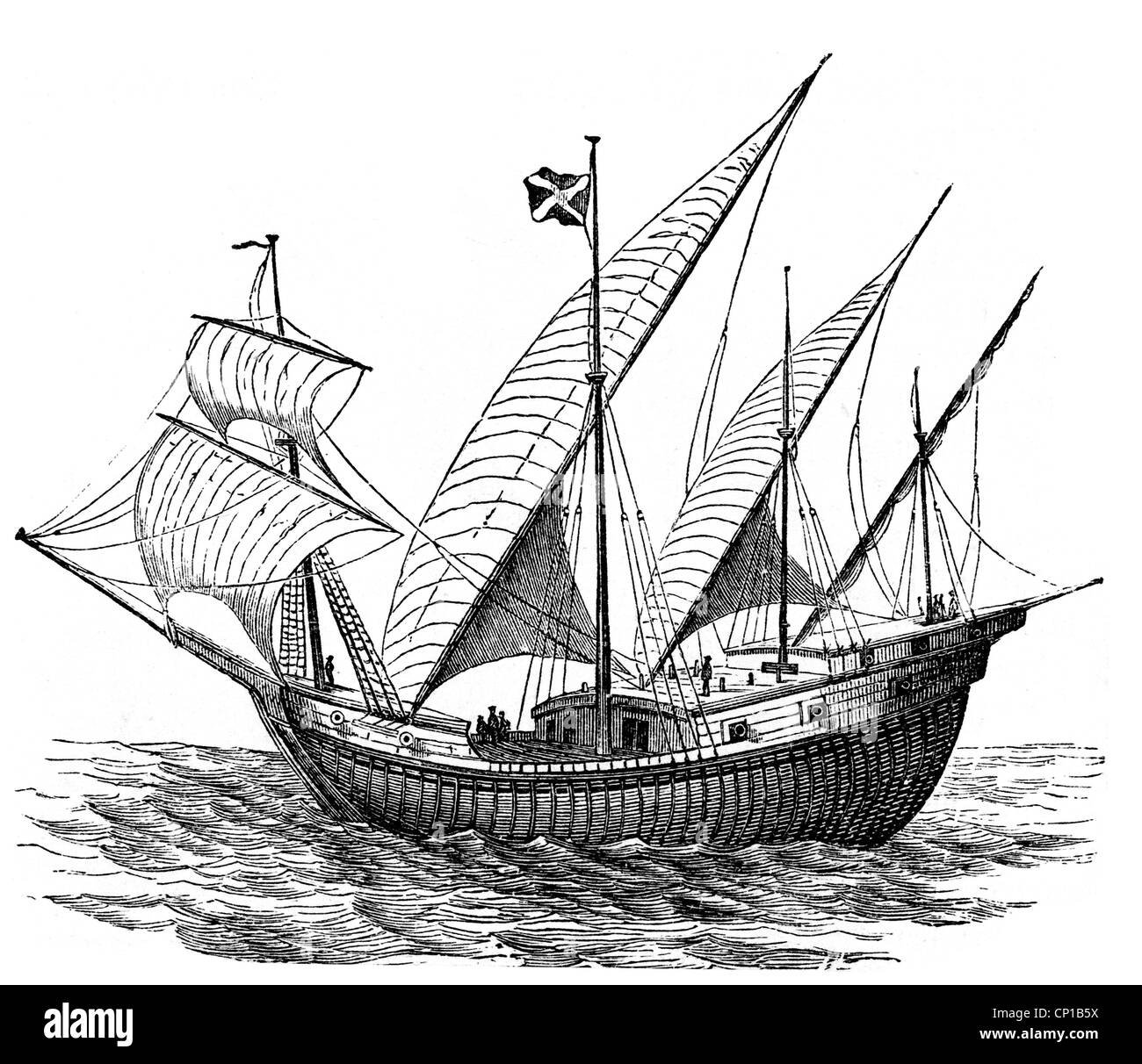 transport / transportation, navigation, sailing ships, caravel, Portugese caravel from the 16th century, wood engraving, 19th century, lateen sail, sailer, ship, mast, mast, sails, exploration, historic, historical, Additional-Rights-Clearences-Not Available Stock Photo
