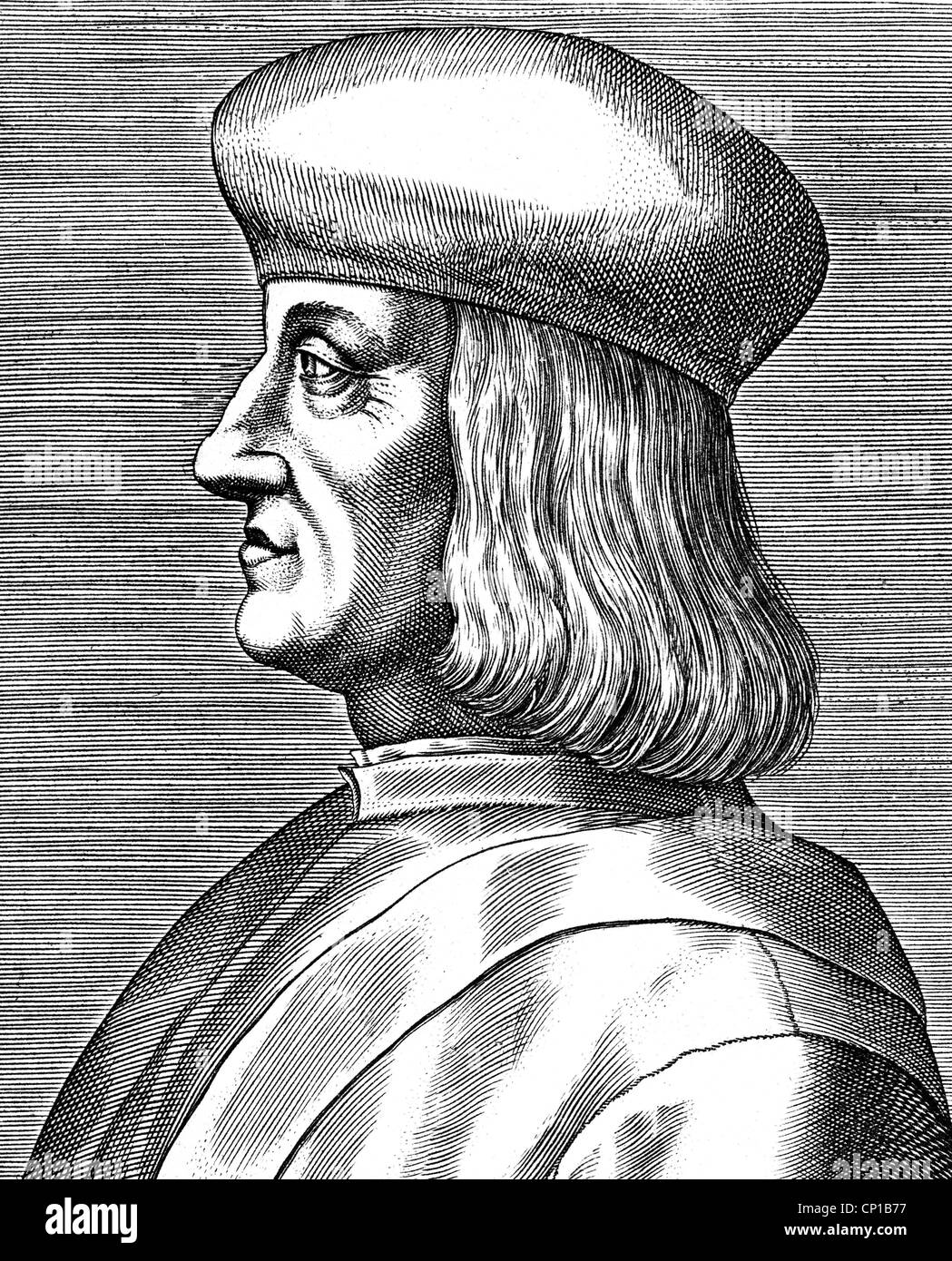 Manutius, Aldus, the Elder, 1449 - 6.2.1515, Venetian printer and publisher, portrait, profile, wood engraving, 19th century, after contemporary copper engraving, Artist's Copyright has not to be cleared Stock Photo