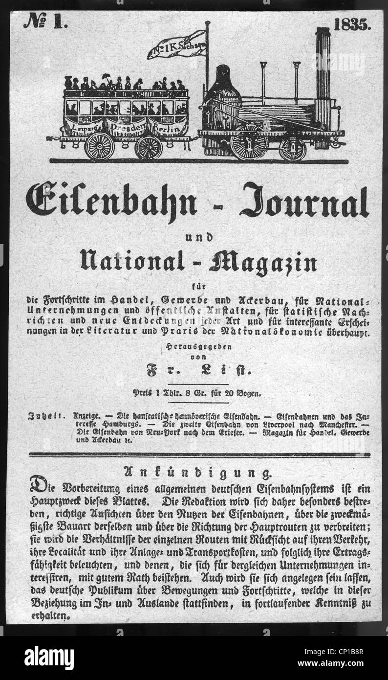 press / media, journal, 'Eisenbahn-Journal und National-Magazin', editor: Friedrich List, number 1, 1835, title page, Additional-Rights-Clearences-Not Available Stock Photo