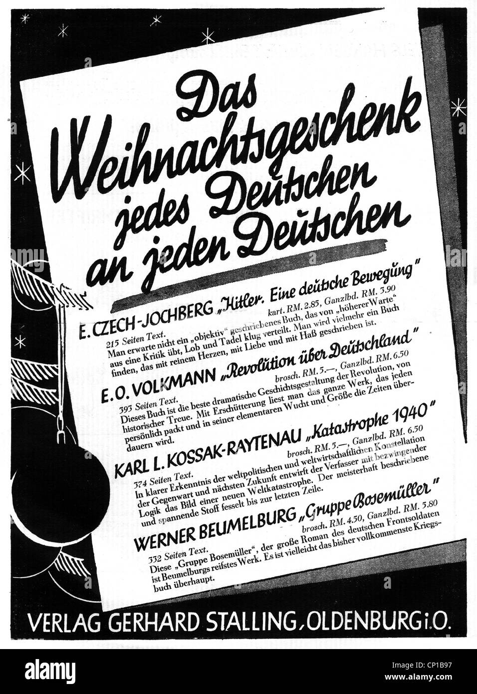 advertising, literature, advertisement of the Gerhard Stalling publishing house, slogan: 'The Christmas present from every German to every German', Oldenburg, Germany, circa 1930, Additional-Rights-Clearences-Not Available Stock Photo