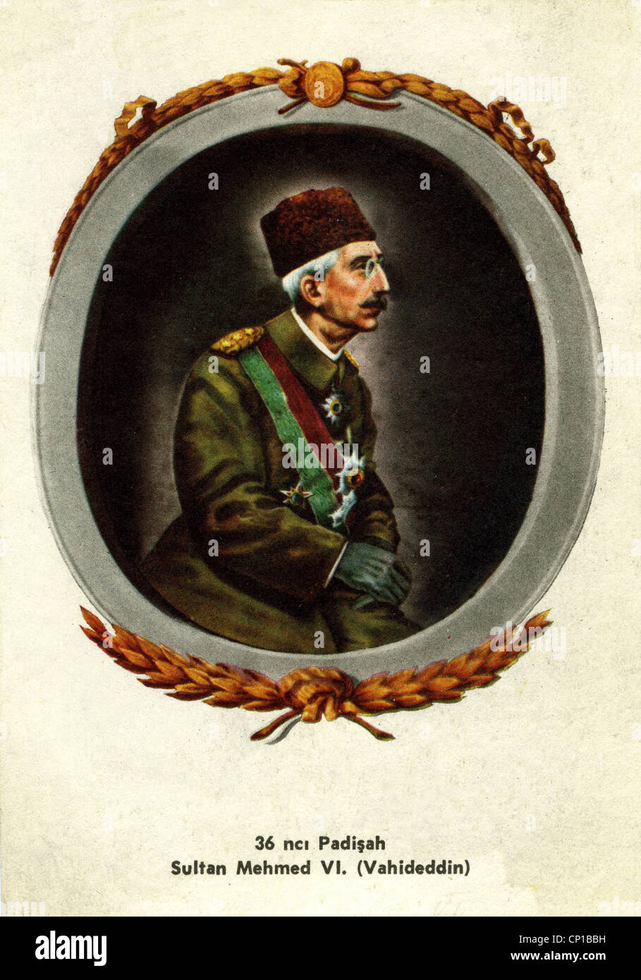 Muhammad VI, 14.1.1861 - 16.5.1926, Sultan of the Ottoman Empire 3.7.1918 - 2.11.1922, half length, colour printing, Turkish collector card, 20th century, Stock Photo