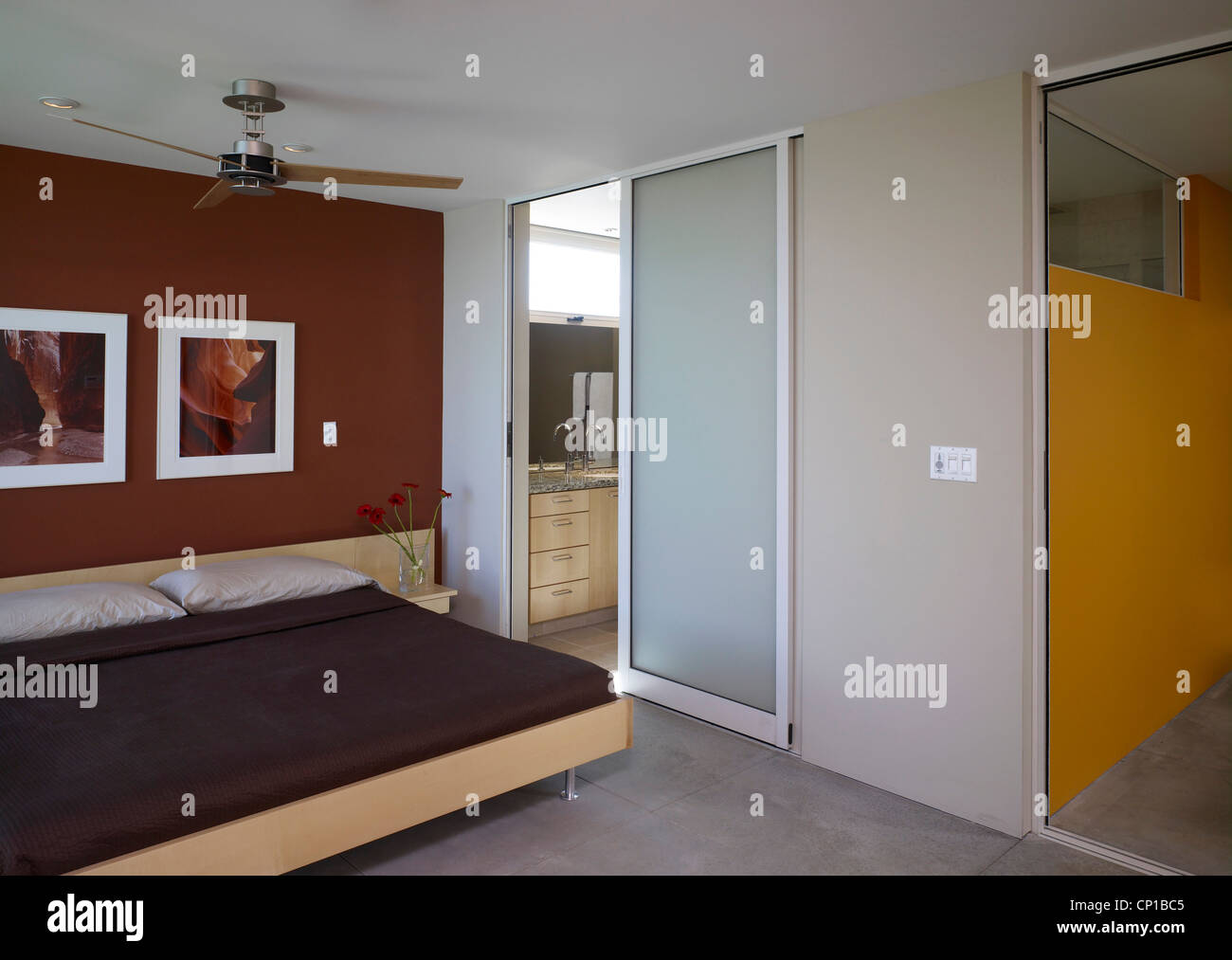 Bedroom With Ceiling Fan In Border House Arvin Kern County Stock