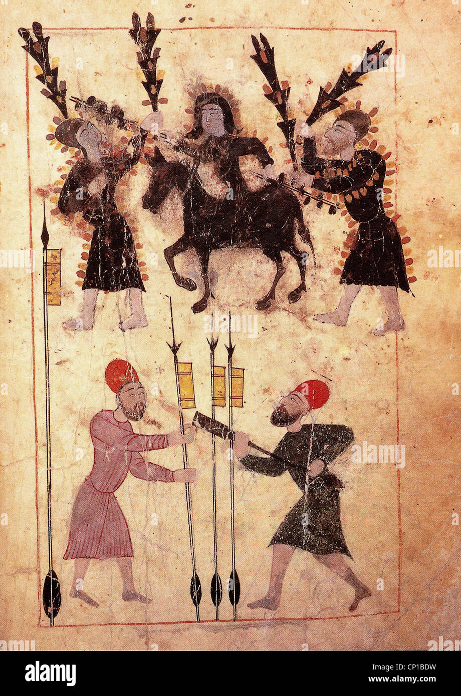 fireworks, Mamluk pyrotechnists, above: with protective clothes made of asbestos, below: with skyrockets, miniature, Egypt, 14th century, historic, historical, mamluq, mamluke, mameluk, mameluke, mamaluke, marmeluke, marmaduke, orient, Arabia, Middle Ages, illumination, Islamic art, Moslem, Muslim, Moslems, Muslims, rockets, rocket, skyrocket, medieval, people, Additional-Rights-Clearences-Not Available Stock Photo