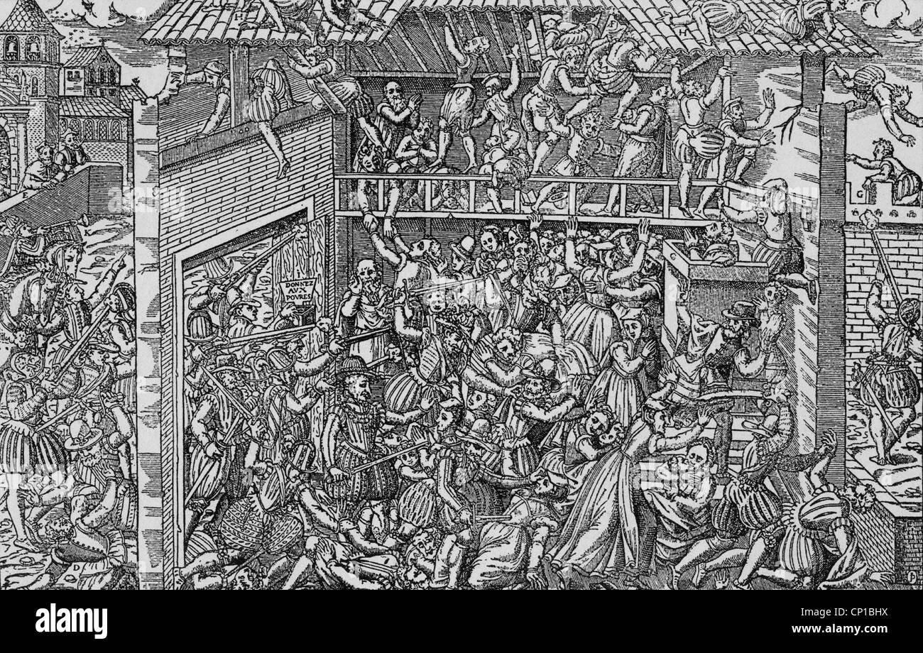events, French Wars of Religion 1562 - 1598, first war, massacre of Wassy, 1.3.1562, catholics lead by Henry of Guise massacre huguenots, copper engraving by Tortorelt and Perressin, 1570,  France, protestants, religion, christianity, religious persecution, duke of Guise, soldiers, church, murder, civil war, Vassy, 16th century, historic, historical, people, Additional-Rights-Clearences-Not Available Stock Photo