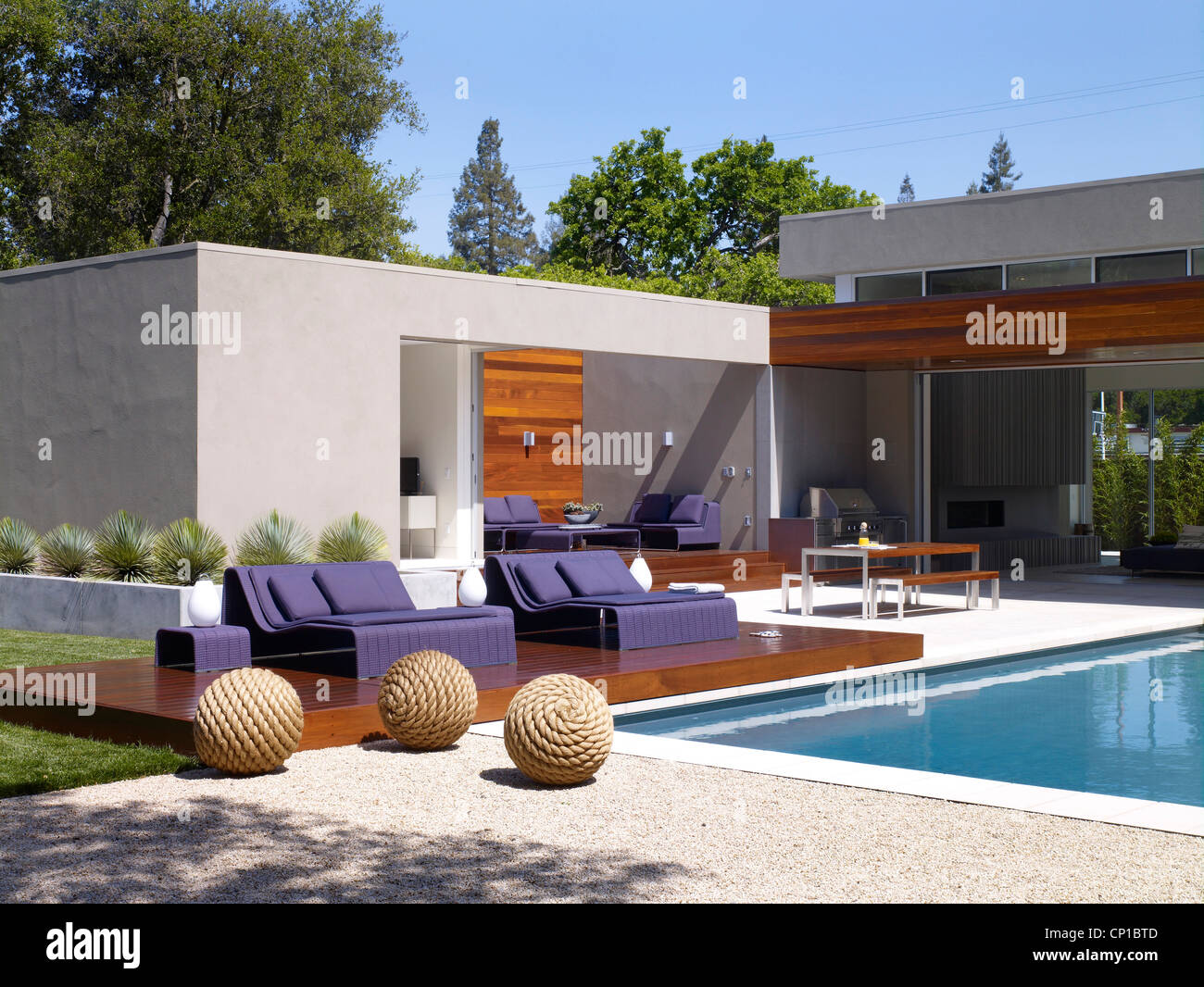 Pool terrace with outdoor furniture Stock Photo
