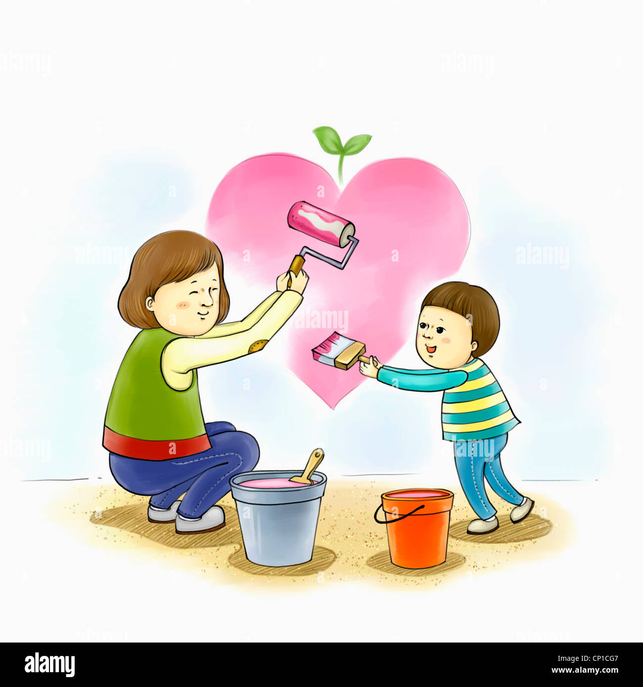 Volunteer painting the wall with boy Stock Photo Alamy