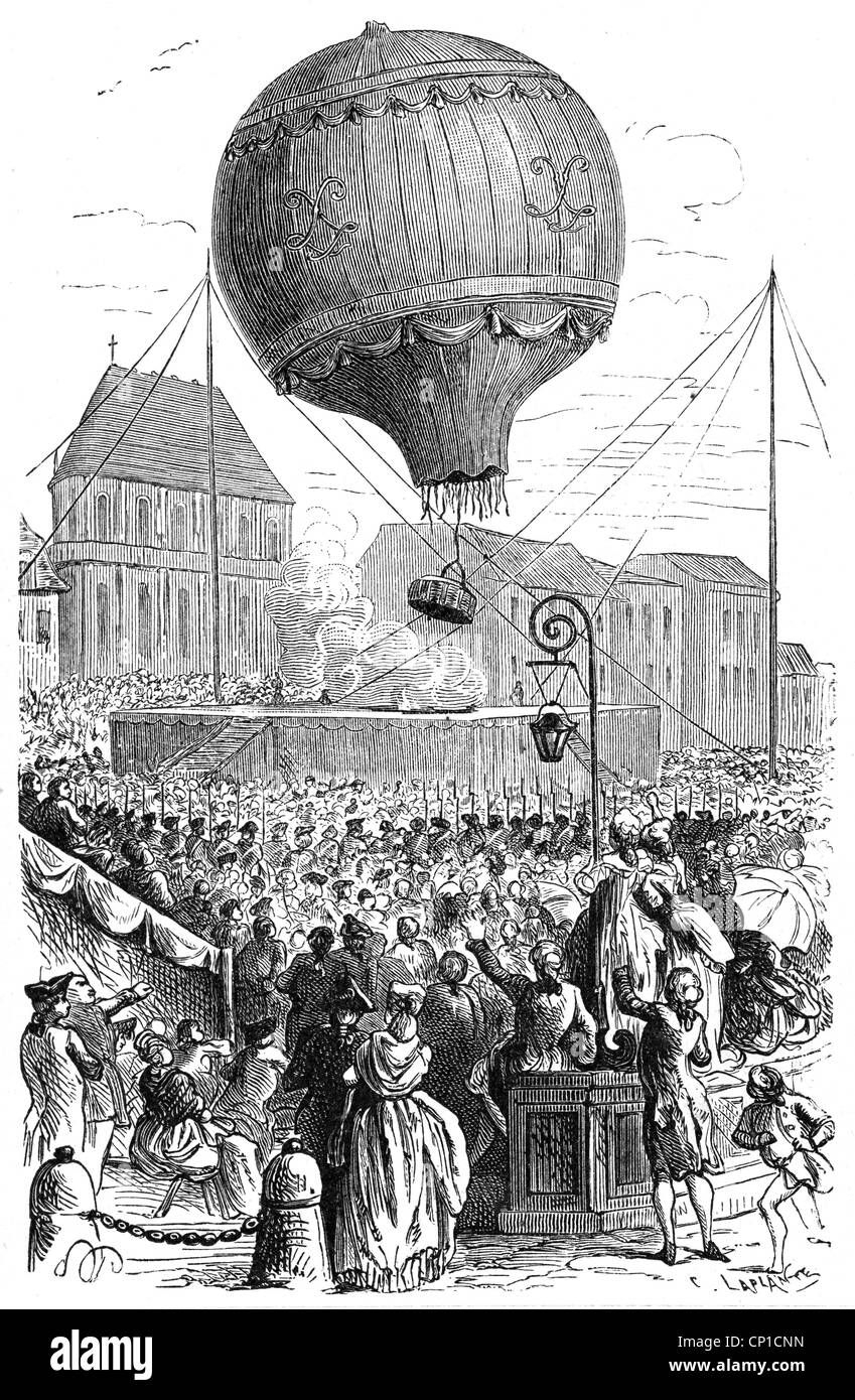 transport / transportation, aviation, balloons, hot-air ballon of brothers Joseph Michel and Jacques Etienne Montgolfier, flight of a unmanned balloon, Versailles Castle, 19.9.1783, Additional-Rights-Clearences-Not Available Stock Photo