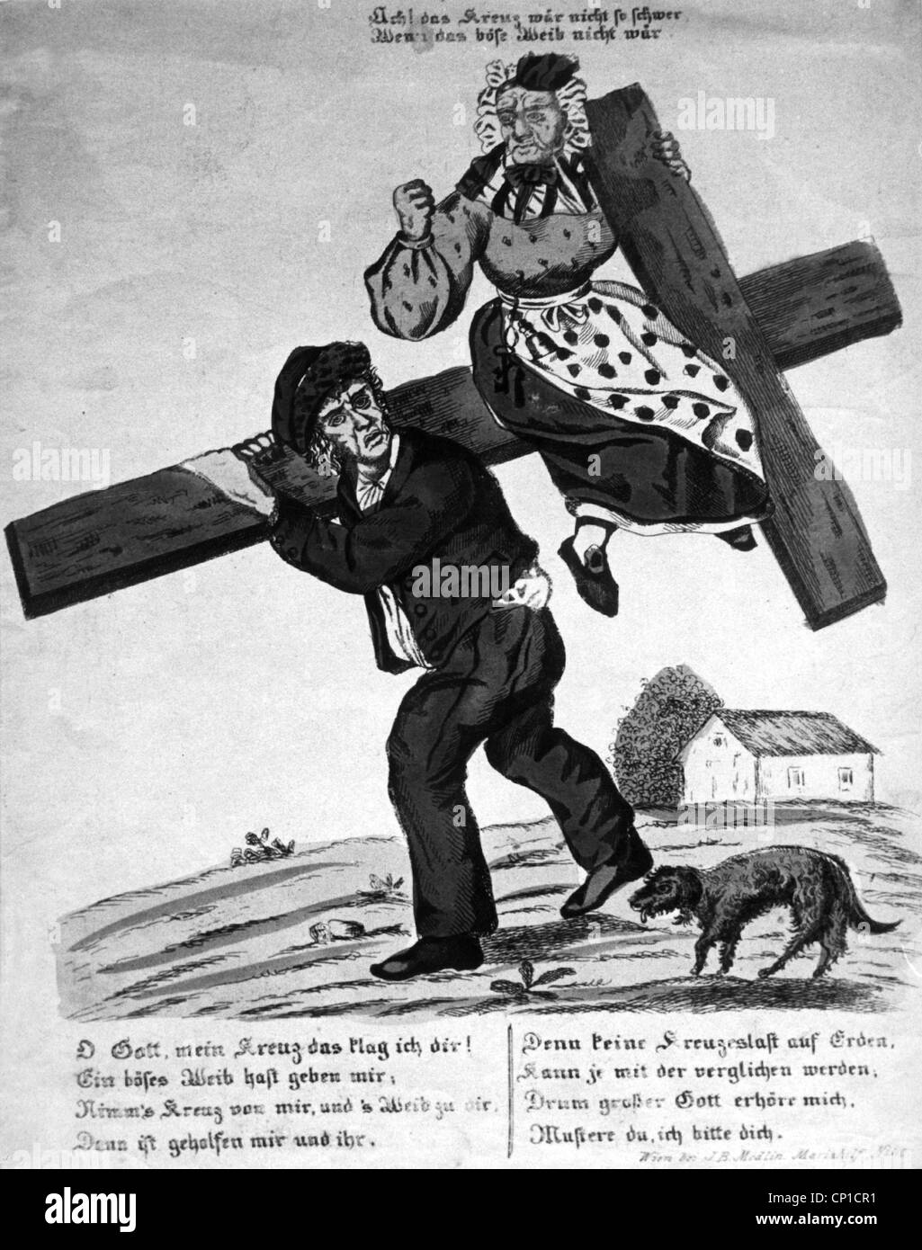 people, marriage, husband carrying the cross with his mean wife, satiric drawing and poem by J.B. Medlin, Vienna, 19th century, Additional-Rights-Clearences-Not Available Stock Photo