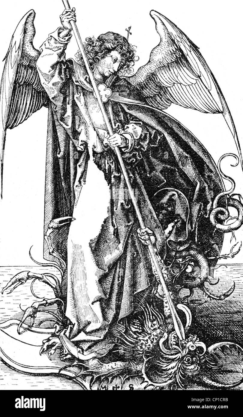 Michael, archangel of the Christianity, fighting with dragon, print according to copper engraving by Martin Schongauer (1446 - 1491), Artist's Copyright has not to be cleared Stock Photo