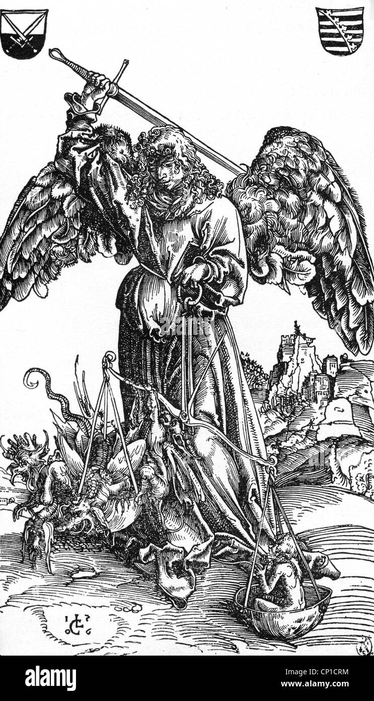 Michael, archangel of the Christianity, fighting with dragon, print according to Lukas Cranach the Elder, (1472 - 1553), Stock Photo