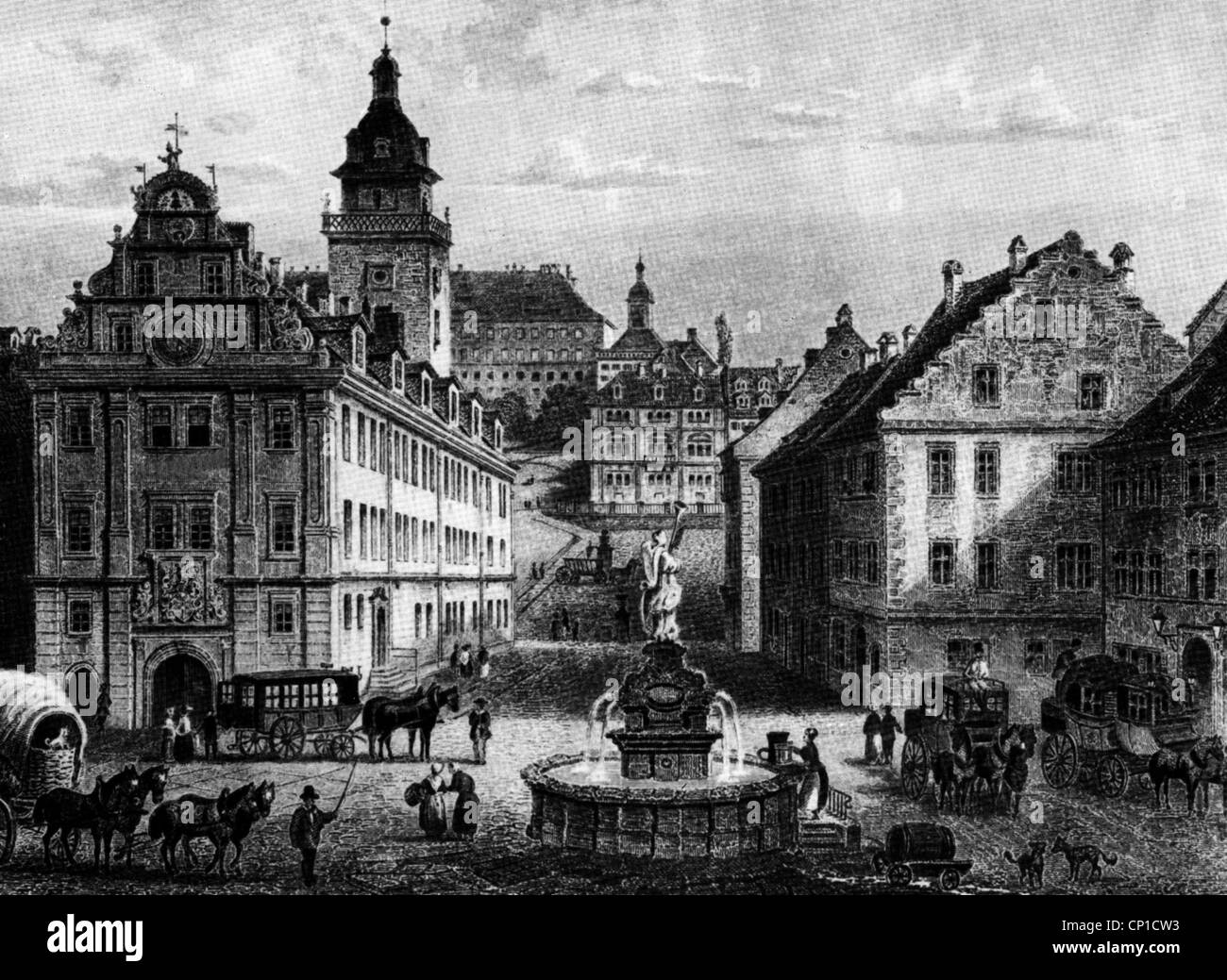 geography / travel, Germany, Gotha, market square with townhall, after lithograph, circa 1860, Additional-Rights-Clearences-Not Available Stock Photo