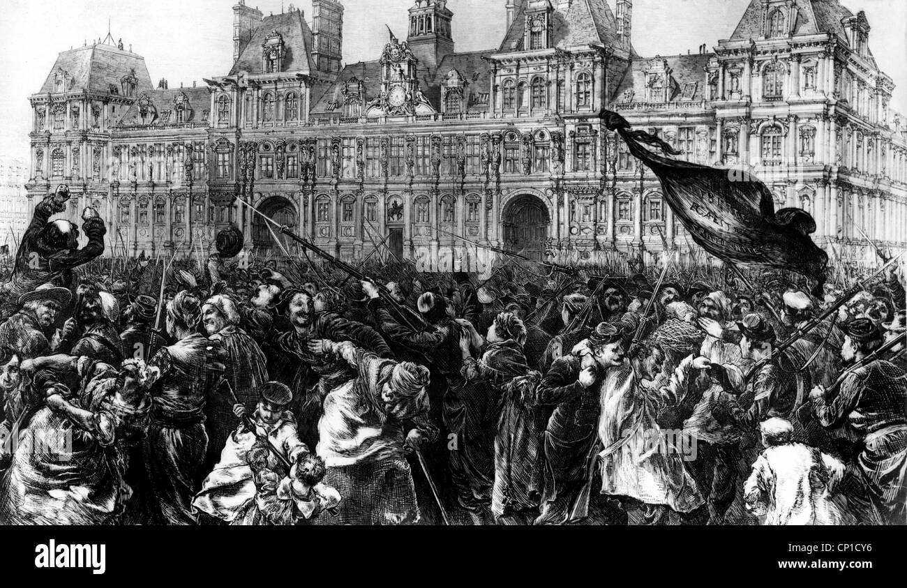 geography / travel, France, revolt of the Paris Commune 18.3.1871-28.5.1871, crowds outside of the Hotel de Ville (city hall), contemporary wood engraving, Additional-Rights-Clearences-Not Available Stock Photo