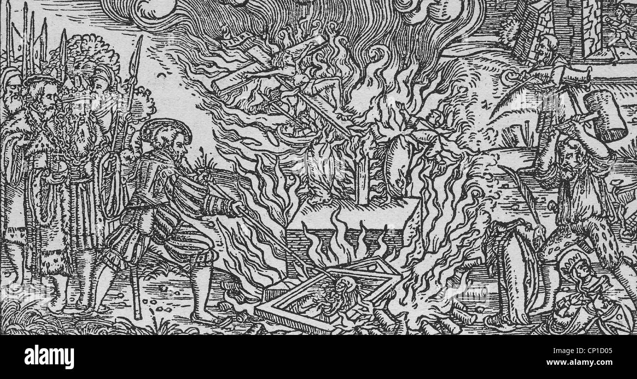Reformation, iconoclast, Protestants burning up Catholic crucifixes and images of the Virgin Mary, woodcut, circa 1525, Additional-Rights-Clearences-Not Available Stock Photo