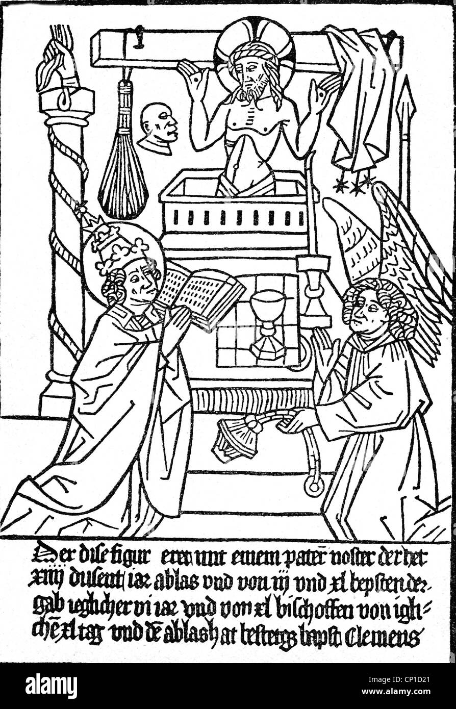 reformation, indulgence, German letter of indulgence, woodcut, 15th century, Renaissance, religion, religions, Germany, Papal States, Jesus Christ, angel, angels, book, books, chalice, cup, church, churches, money, monie, historic, historical, people, middle ages, Additional-Rights-Clearences-Not Available Stock Photo