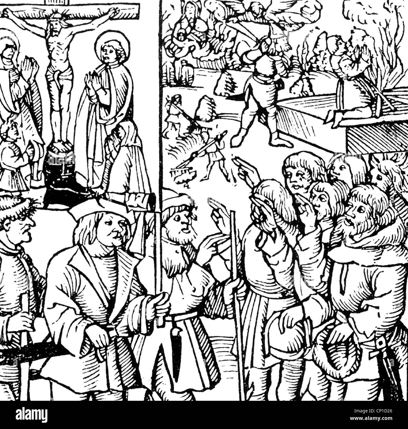 events, Bundschuh movement 1493 - 1517, peasants swearing on the Bundschuh flag, woodcut, 1513, uprising, tied shoe, farmers, revolt, Peasants' War, Middle Ages, Germany, Swabia, conspiracy, alliance, Jesus Christ, crucifix, oath, oath of allegiance, rebels, insurgents, 16th century, historic, historical, medieval, people, Additional-Rights-Clearences-Not Available Stock Photo
