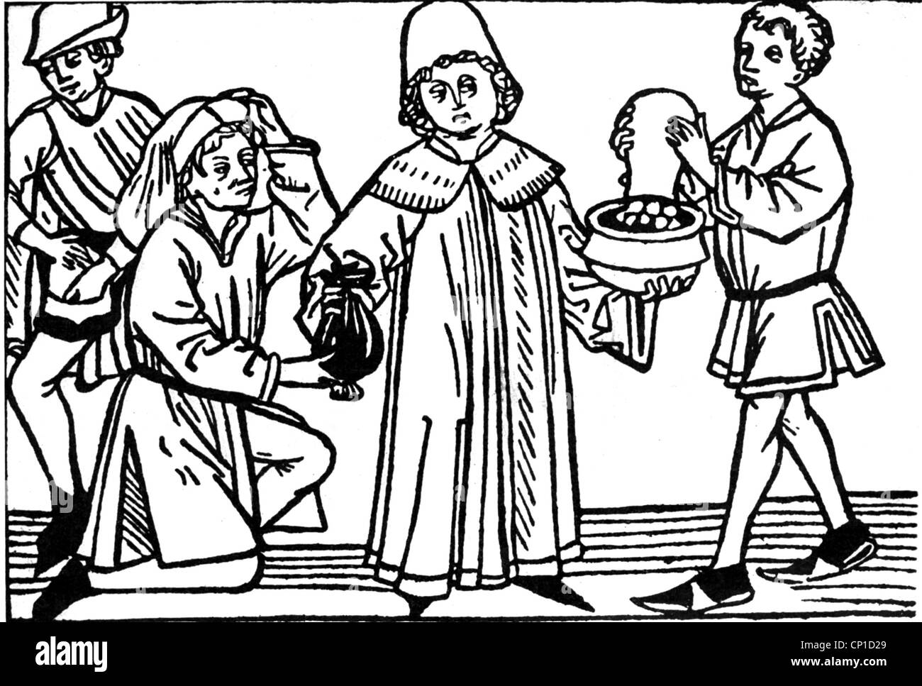 money / finance, interest and taxes, taxman taking tax and tithe, woodcut, 15th century, exciseman, gauger, tax collector, historic, historical, feudalism, medieval times, Middle Ages, farmer, vassal, vassals, people, profession, Additional-Rights-Clearences-Not Available Stock Photo
