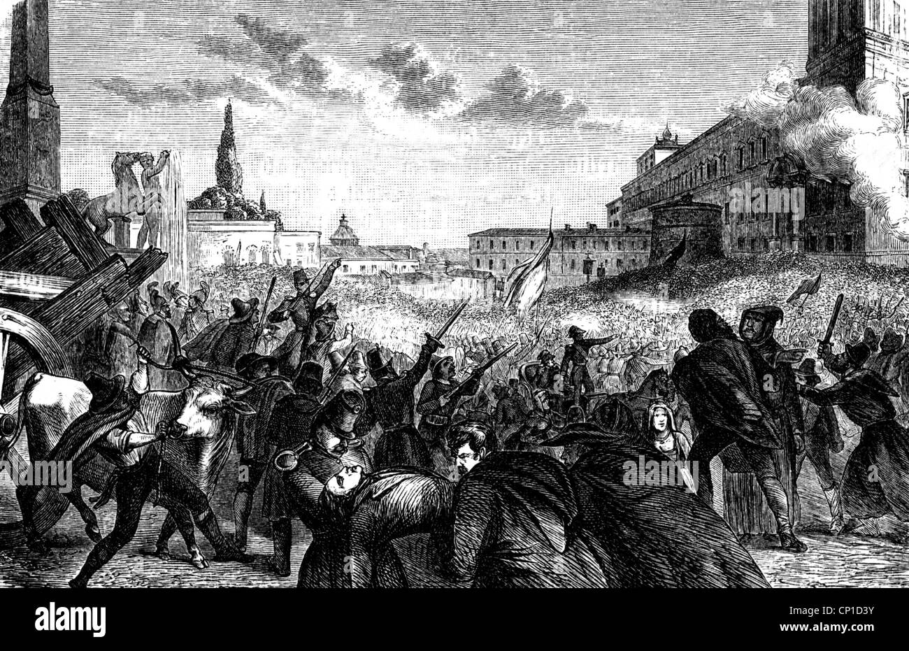 events, revolutions of 1848 - 1849, Italy, Rome, the Quirinal Palace, residence of Pope Pius IX, under siege, 16. - 24.11.1848, scene during the first ...