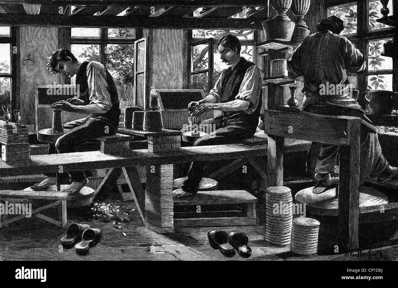 people, professions, men, turner, Master and apprentices in the